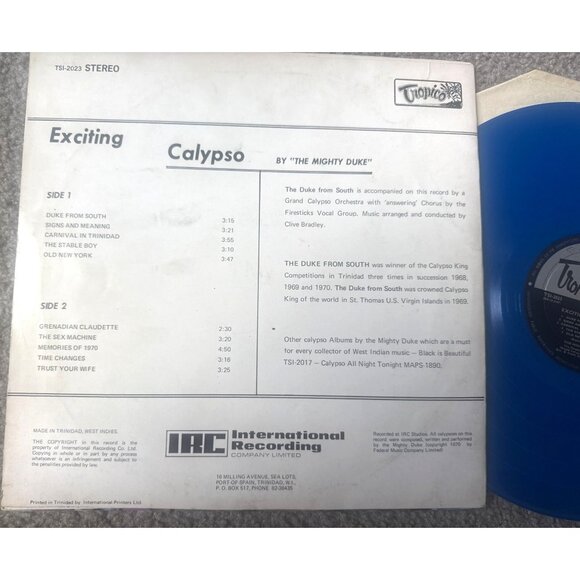 Blue Vinyl Exciting Calypso Record The Mighty Duke Voice Of Trinidad LP - Picture 2 of 4